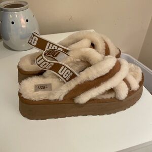 UGG Tan and Cream Fluffy Slides